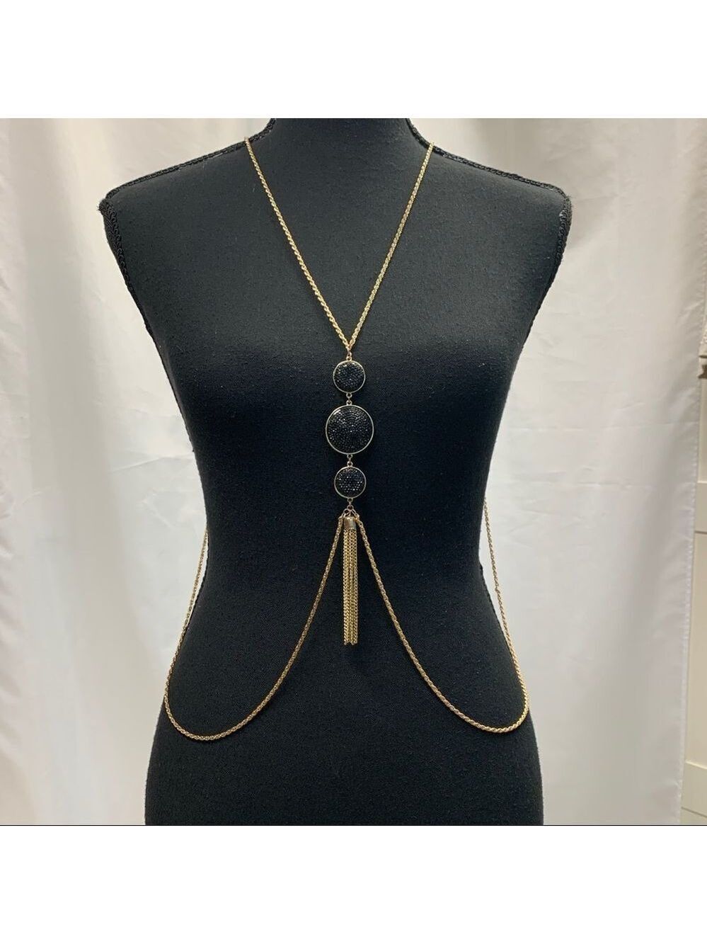 Black embellished circular goldtone chain body chain beach swimsuit jewellery